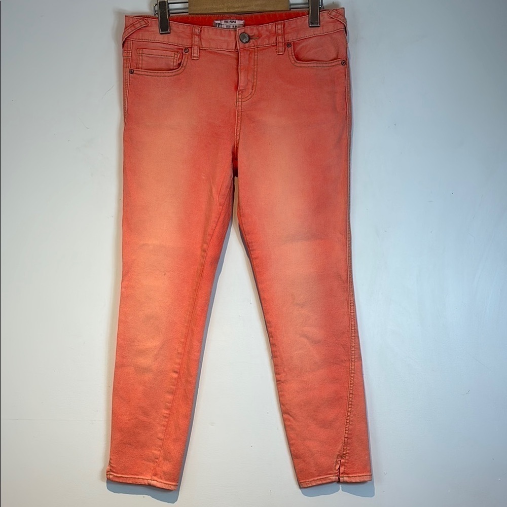 Free People Herringbone Skinny Crop Jeans Size 29 coral Side Slit Hem Denim